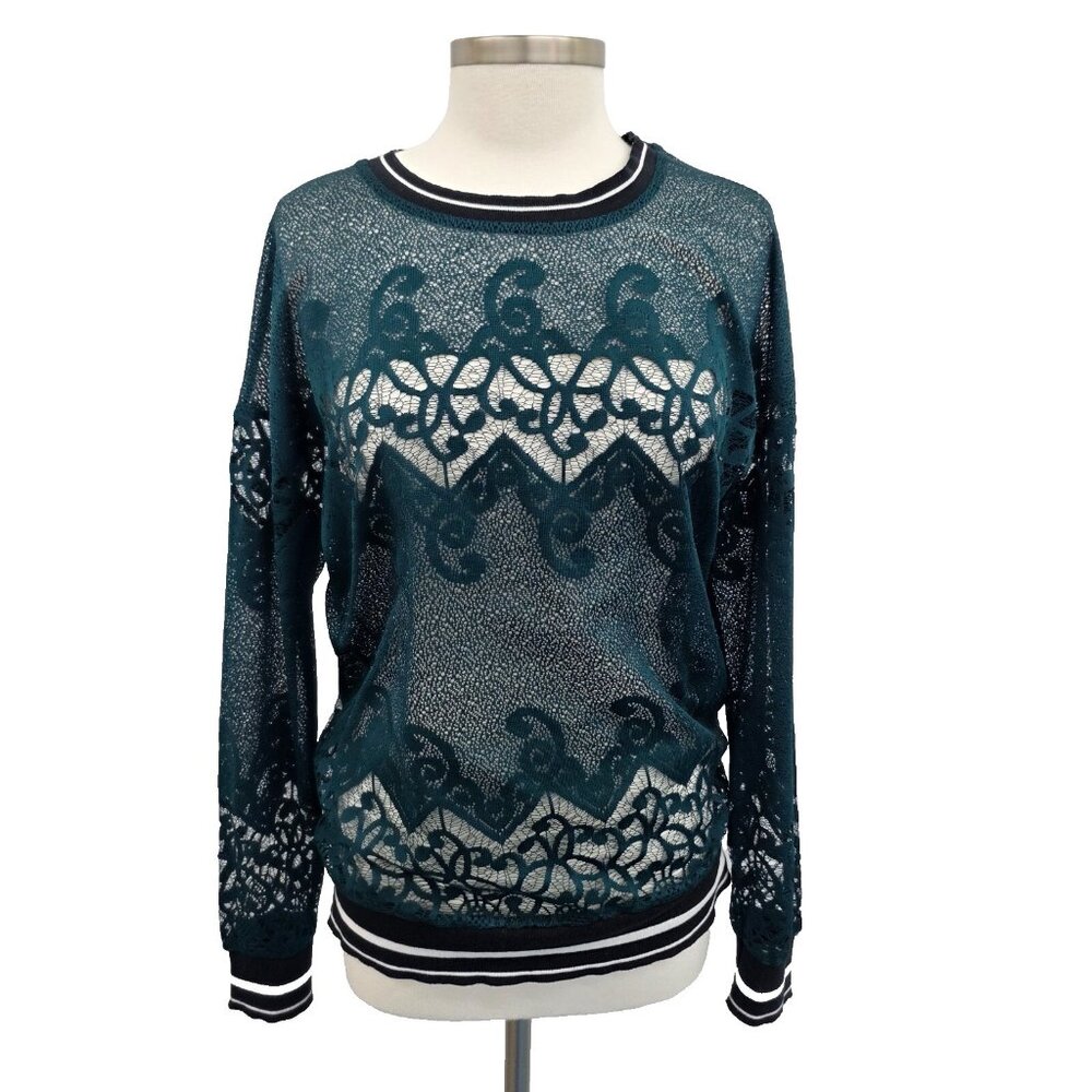 Fabletics Sophie Lace Tunic Size M Green‎ Sheer Lace Long Sleeve Athleisure Top